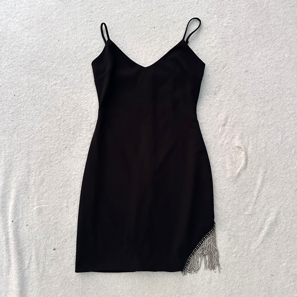 City Triangles Spaghetti-Strap Mini Dress with Crystal Fringe Women's 9 Black